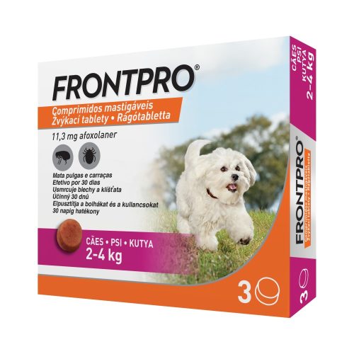 3tablettától : FRONTPRO® rágótabletta  (2–4 kg) 11,3 mg; 1db tabletta ,3tablettánkénti léptethető . A fotó illusztráció