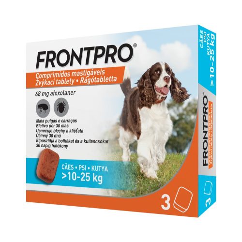 3tablettától : FRONTPRO® rágótabletta  (>10–25 kg) 11,3 mg; 1db tabletta ,3tablettánkénti léptethető . A fotó illusztráció