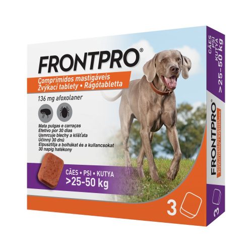 3tablettától : FRONTPRO® rágótabletta  (>25–50 kg) 11,3 mg; 1db tabletta ,3tablettánkénti léptethető . A fotó illusztráció