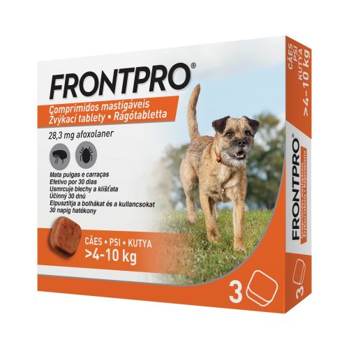 6tablettától : FRONTPRO® rágótabletta  (>4–10 kg) 11,3 mg; 1db tabletta ,3tablettánkénti léptethető . A fotó illusztráció