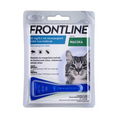 9ampulla esetén : A Frontline Spot On egy Fipronil tartalmú rácsepegtető kifejezetten macskáknak kifejlesztve bolhák és kullancsok ellen.
